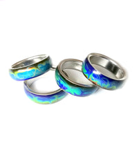 Load image into Gallery viewer, colorful swirly band mood rings with marble patterns in stainless steel