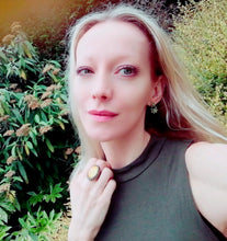 Load image into Gallery viewer, model wearing a bronze mood ring and bronze mood earrings