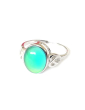 Load image into Gallery viewer, sterling silver celtic mood ring showing a green mood color