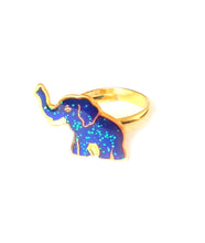 Load image into Gallery viewer, a golden elephant mood ring with a blue color meaning
