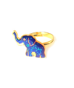 a golden elephant mood ring with a blue color meaning