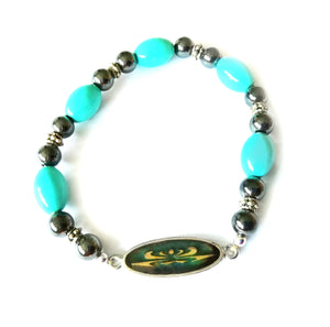 magnetic hematite mood bracelet with blue beads designed by best mood rings