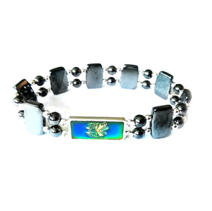 a magnetic mood bracelet with a blue butterfly mood color design