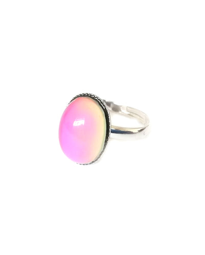 mood ring with a pink mood and silver shade band
