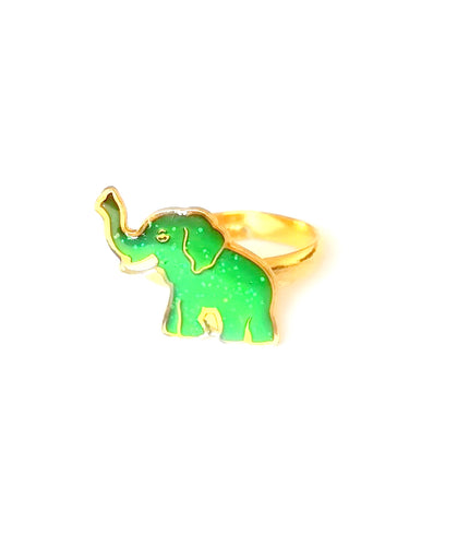 a gold elephant mood ring for children with a green color mood