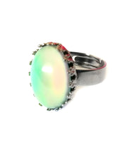Load image into Gallery viewer, a gunmetal mood ring with oval mood bead and adjustable band for adults