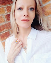 Load image into Gallery viewer, model wearing mood necklace and mood ring in a white shirt